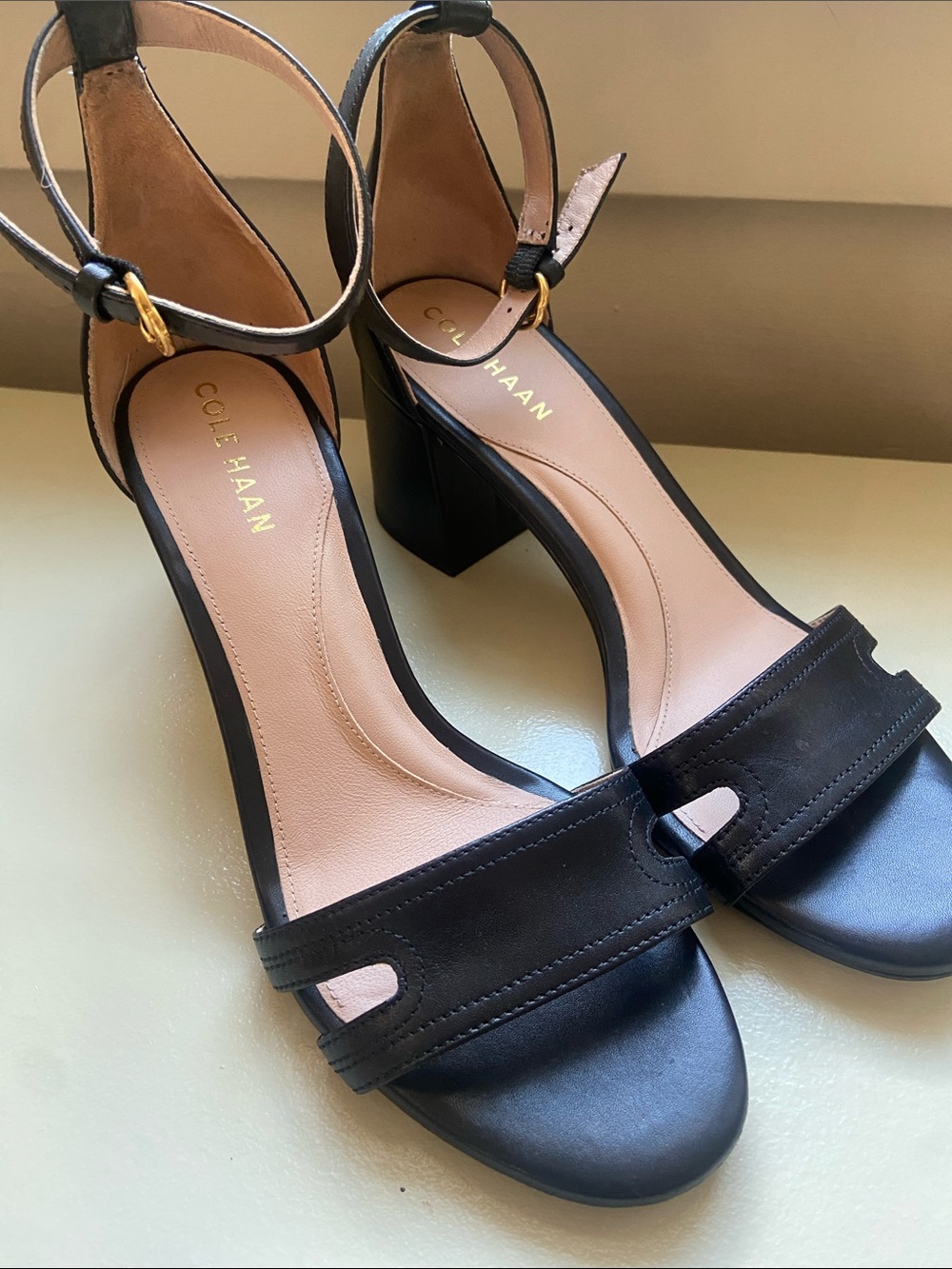 Cole Haan Black Leather Block Heel Sandals with Ankle Strap